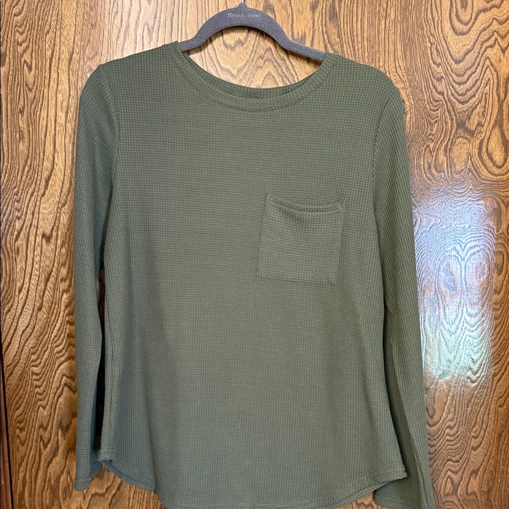 Green Waffle Knit Long Sleeve Top